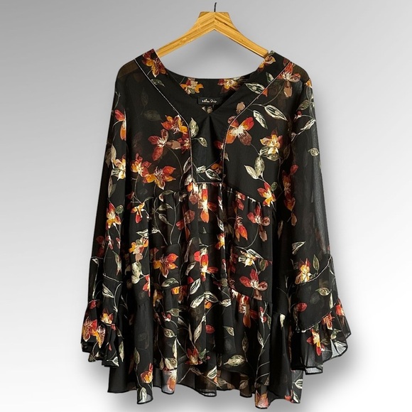 Melissa Paige Tops - Melissa Paige Womens Black Floral Bell Sleeve Ruffled Blouse Size L
